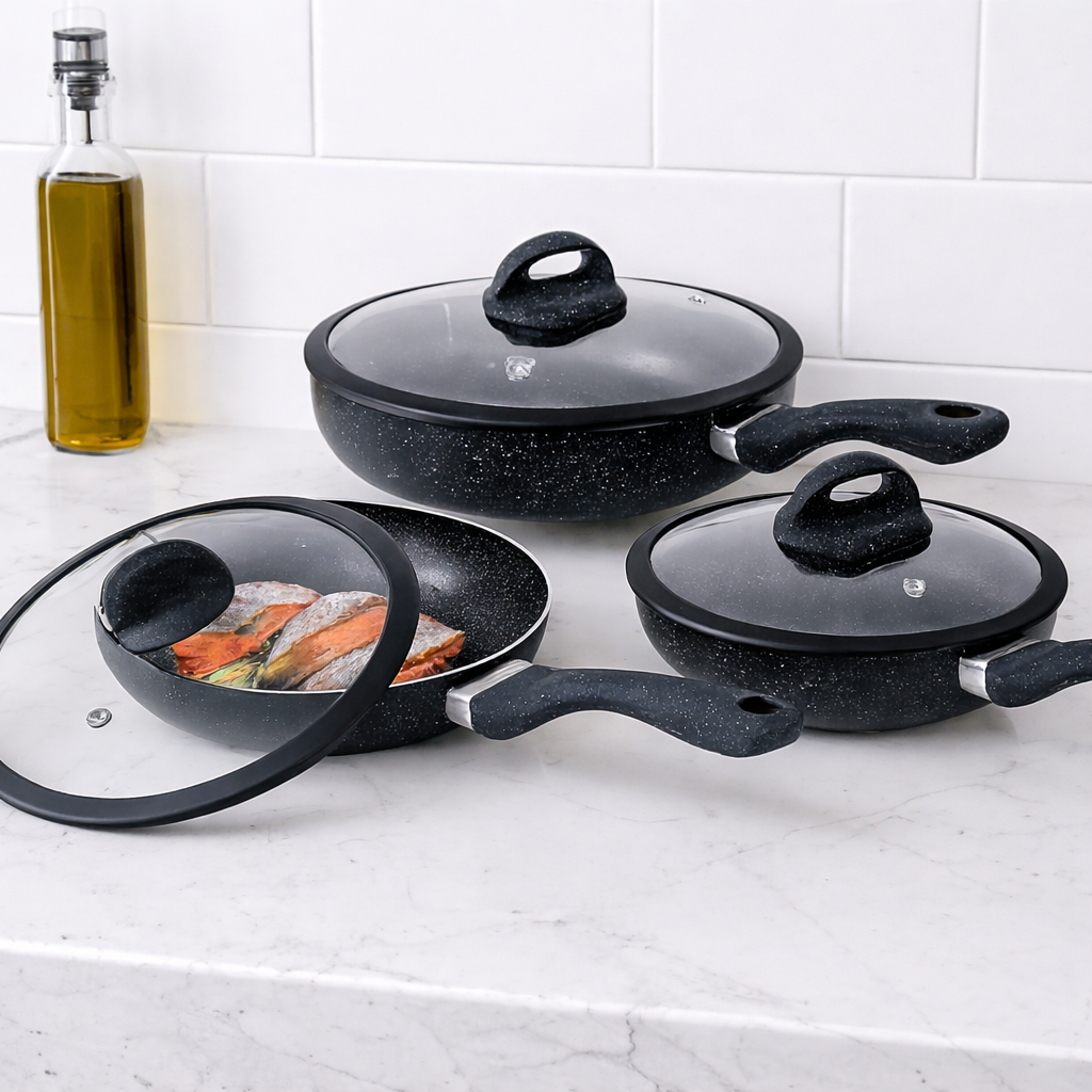 Set 3 Padelle Pietra Lavica Antiaderenti con Coperchi Suprema