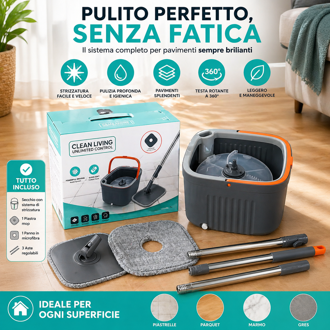 Sistema Lavapavimenti con Secchio e Mop – Clean Living