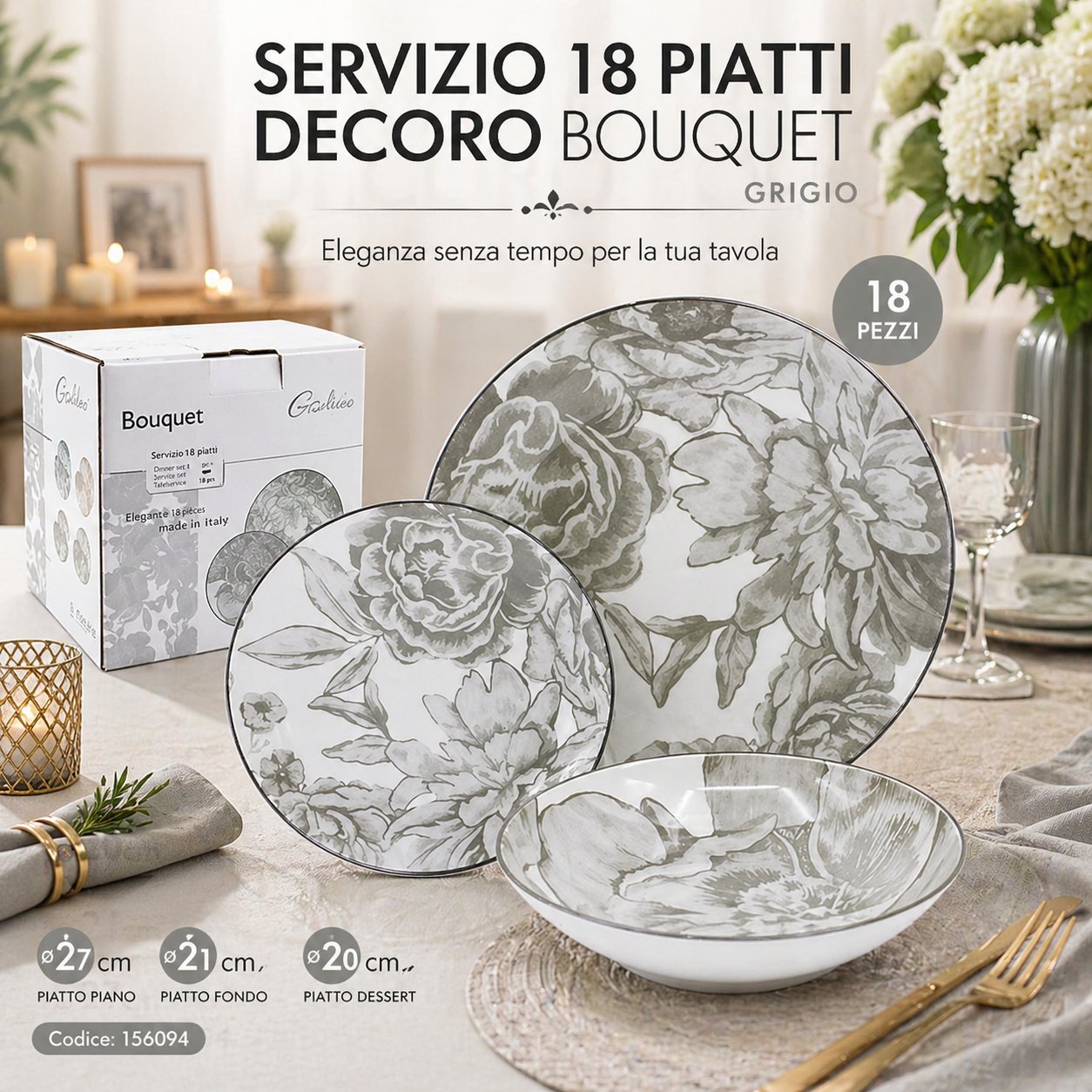 Servizio 18 piatti decoro Bouquet grigio – Eleganza moderna per la tua tavola
