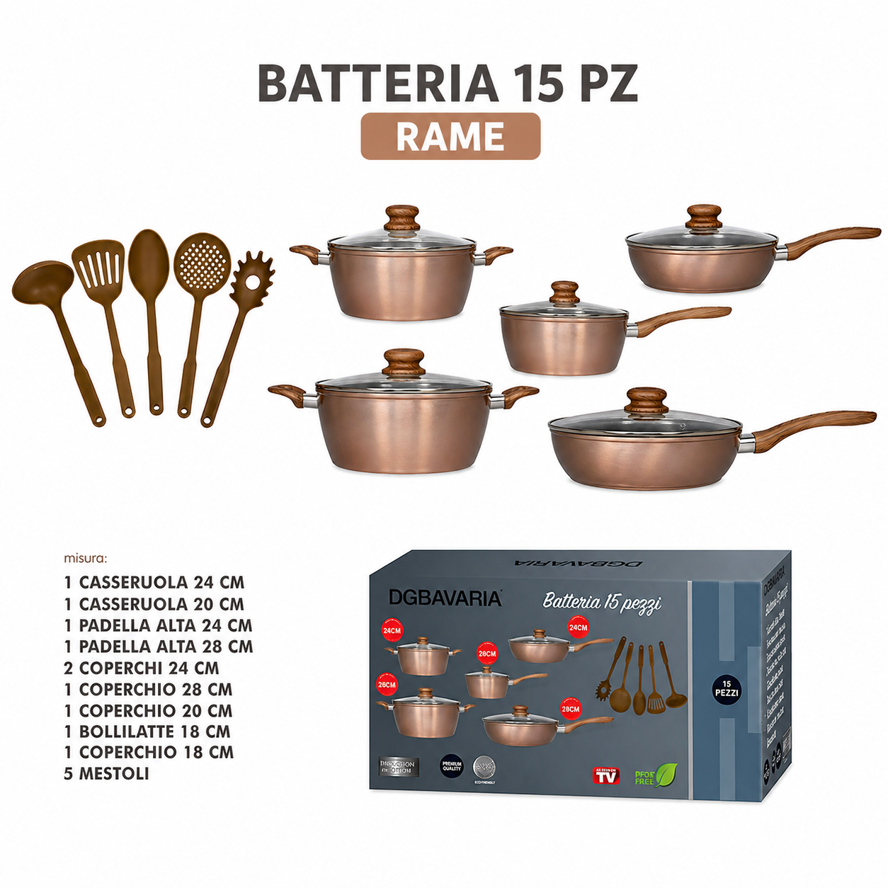 Batteria di Pentole 15 Pezzi Rame Antiaderente