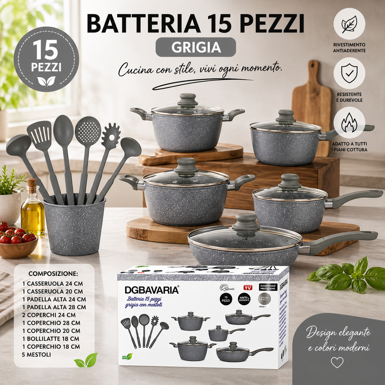Batteria di Pentole 15 Pezzi Grigia Antiaderente