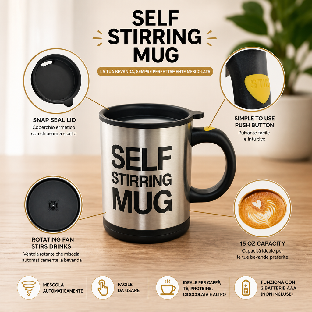 AUTOMATIC SELF STIRRING MUG – Tazza Automatica Mescolante in Acciaio Inox e Plastica