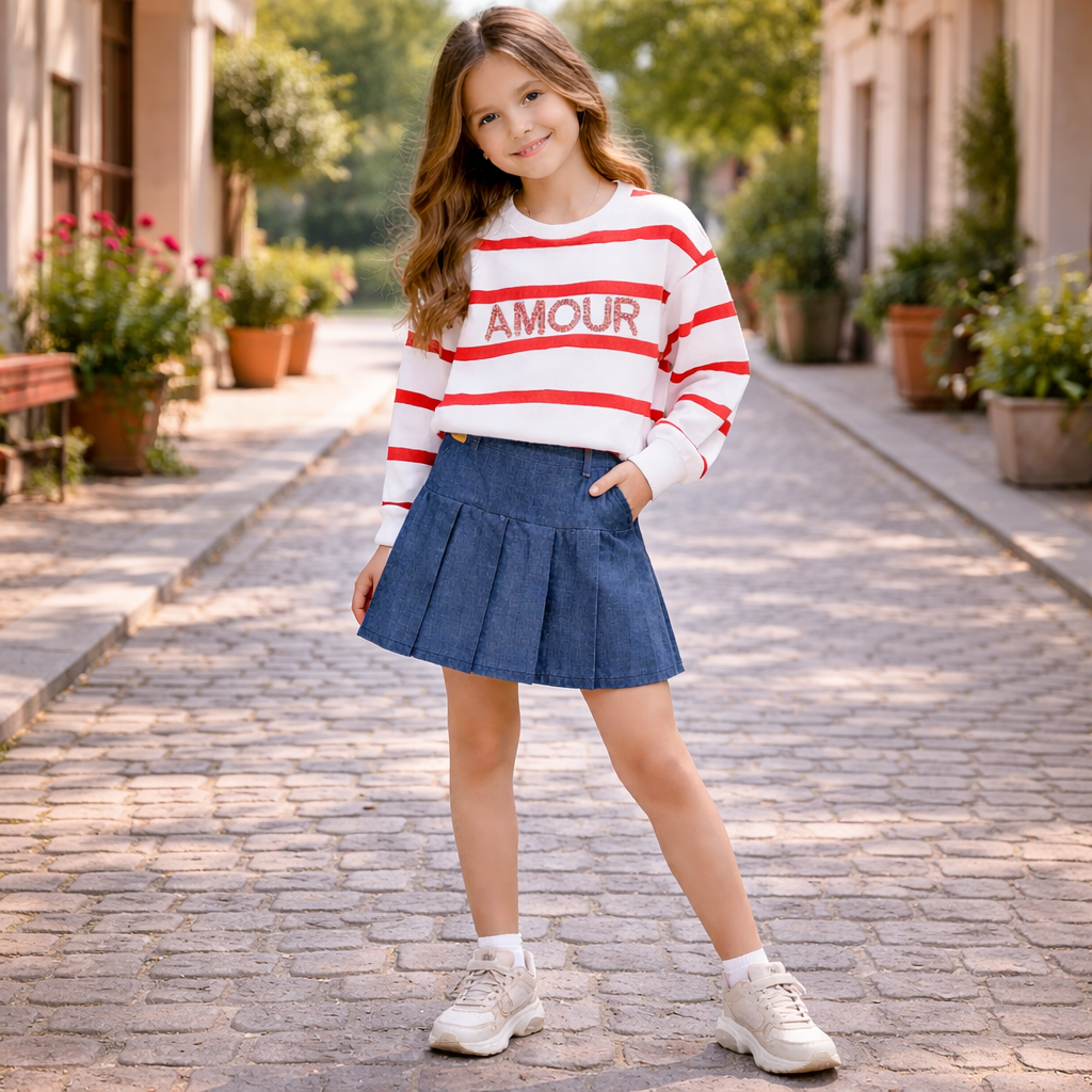 Completo ragazza AMOUR rigato rosso/blu con gonna denim