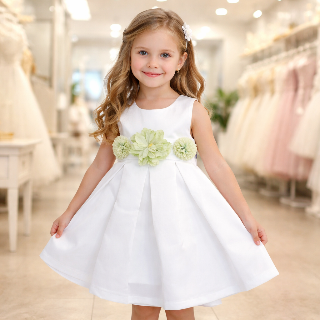 Abito bambina elegante NOIR bianco con fiori verde pastello