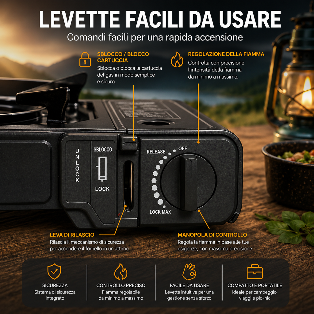 Fornello a Gas Portatile – Compatto, Sicuro e Ideale per Campeggio e Outdoor
