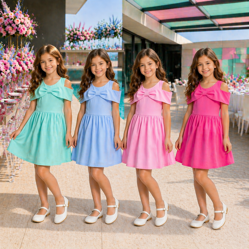 Vestito Elegante Bambina con Spalle Scoperte e Fiocco Frontale