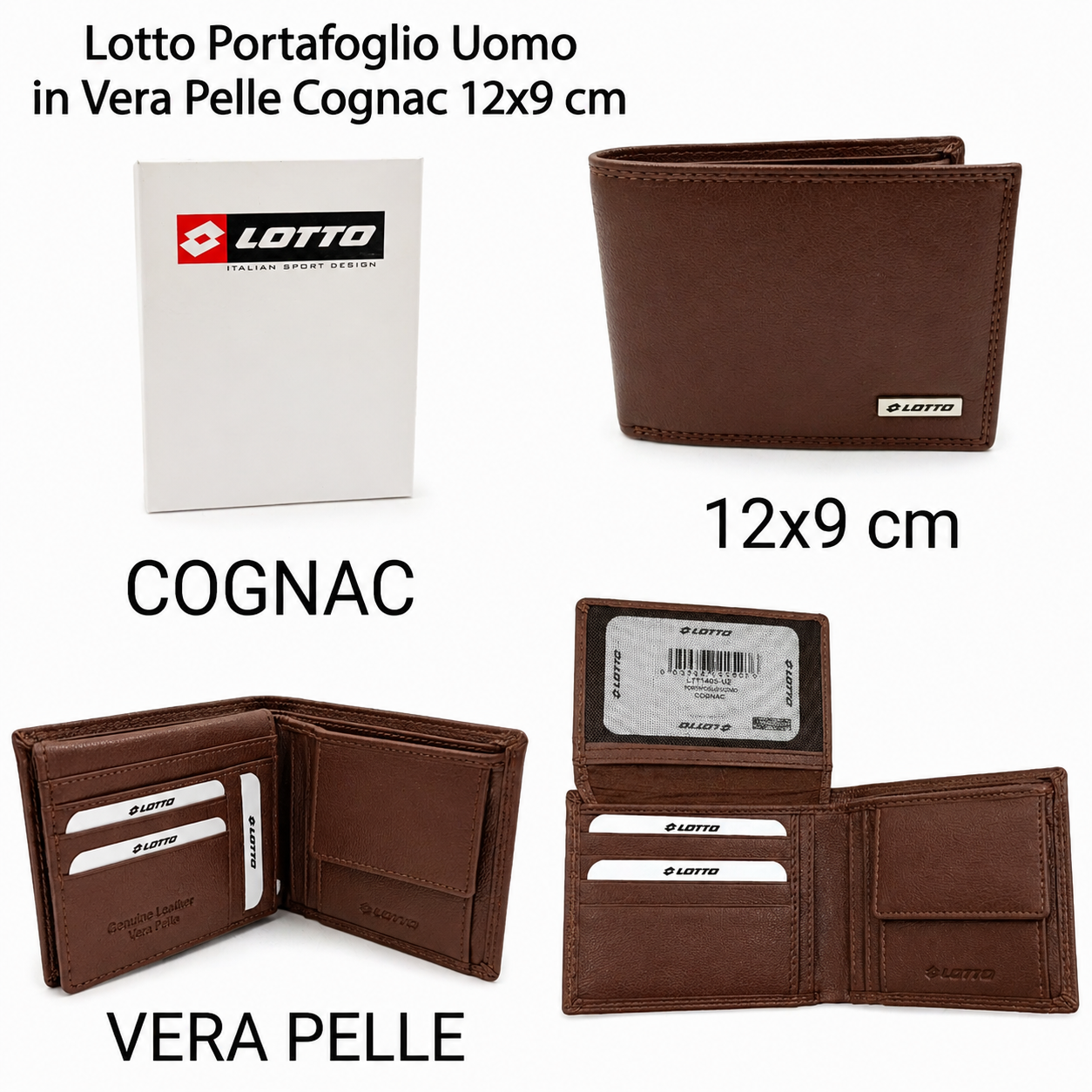 Lotto Portafoglio Uomo in Vera Pelle Cognac 12x9 cm