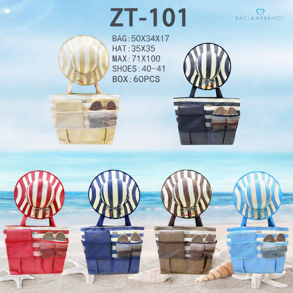 Baci&Abbracci Set 4 pezzi cappello borsa stuoia (71x100) e ciabatte (40-41)