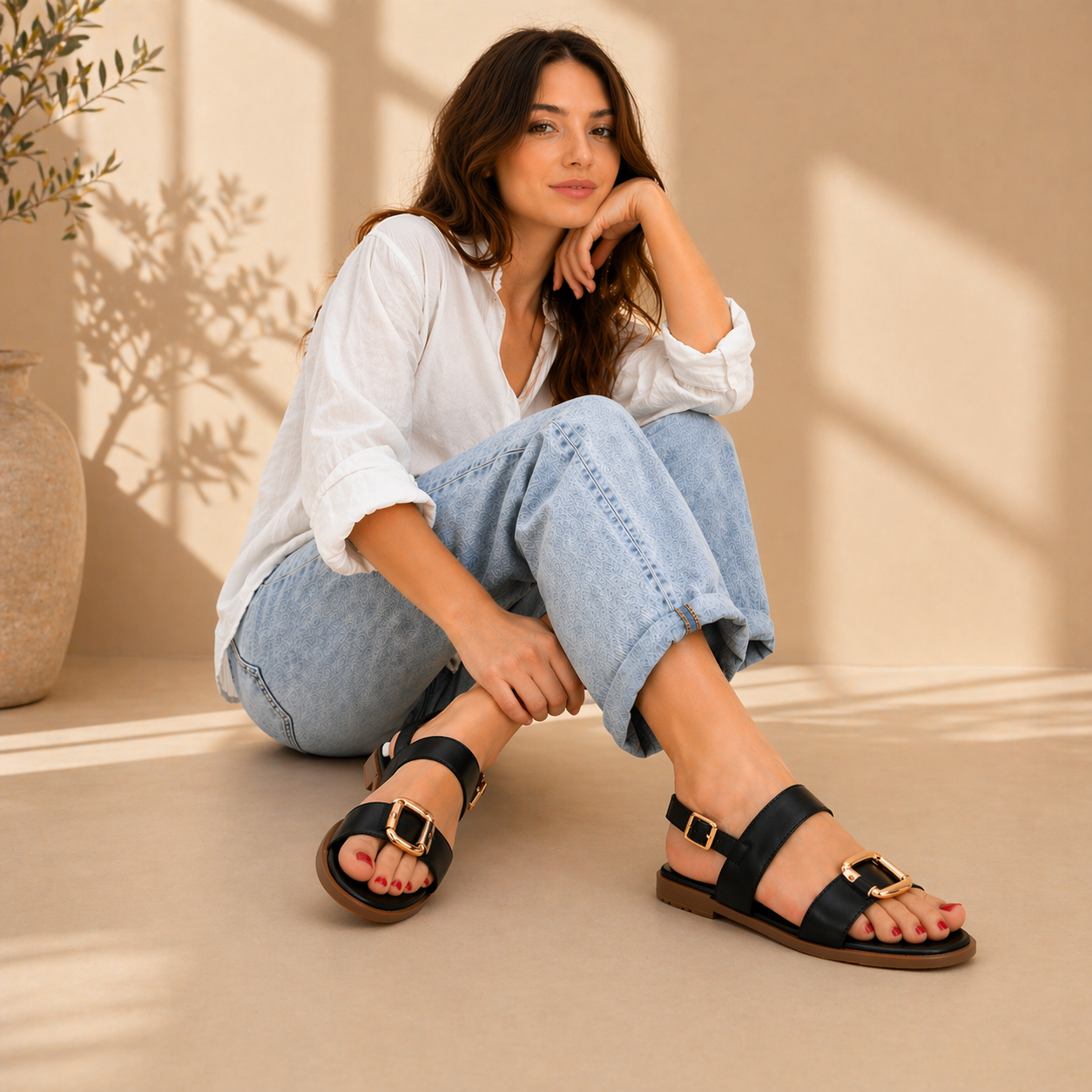 Sandali Donna Bassi Eleganti con Fibbia Oro