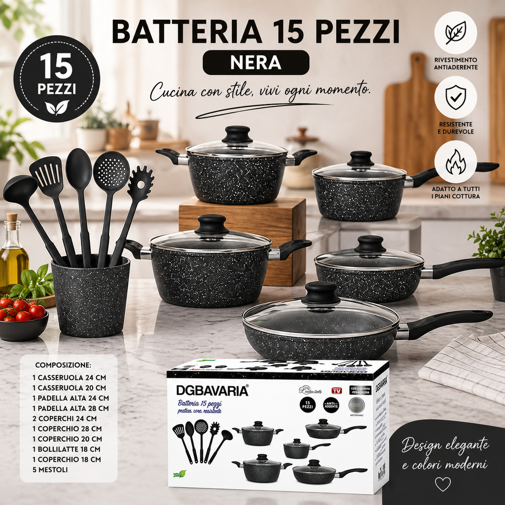 Batteria di Pentole 15 Pezzi Nera Antiaderente