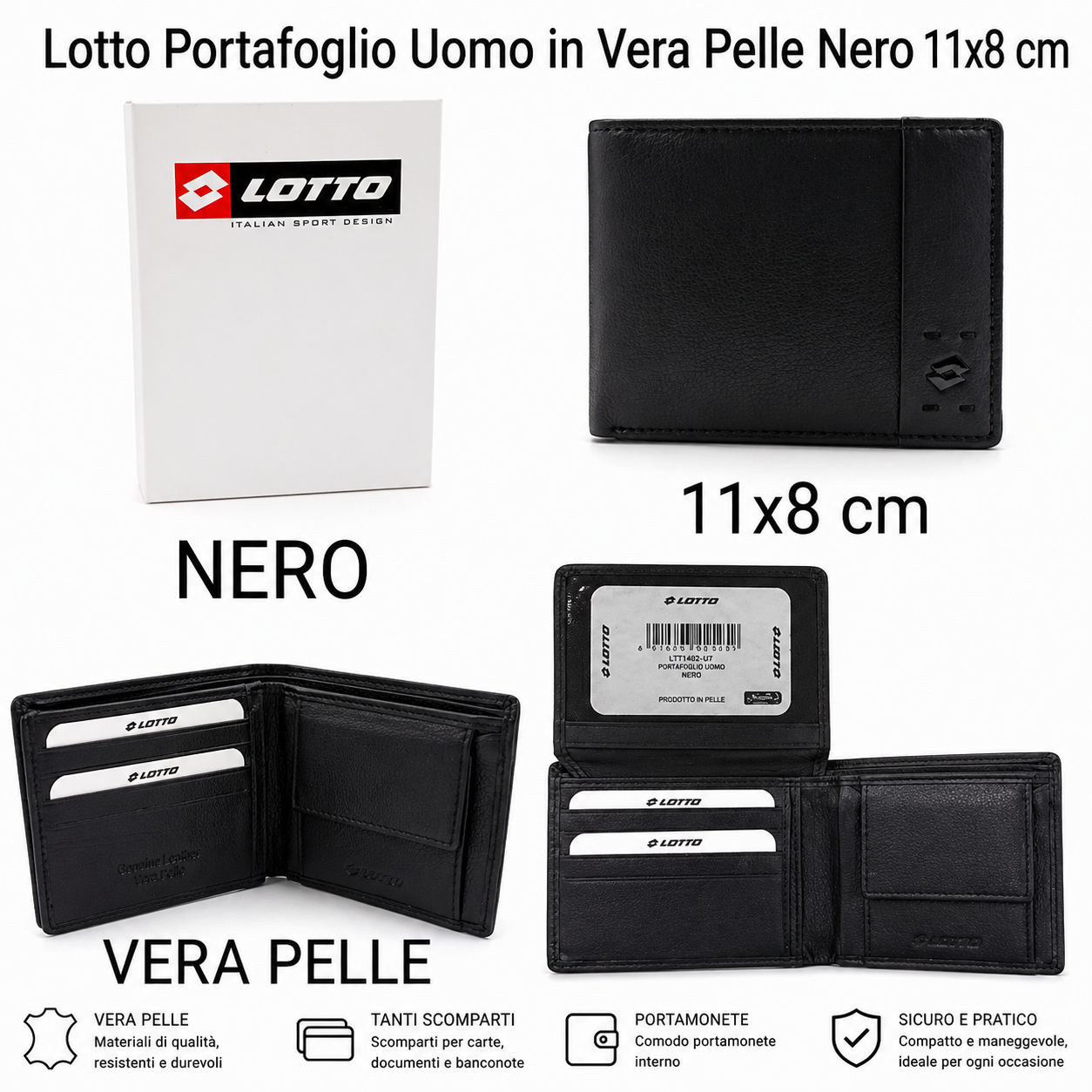Lotto Portafoglio Uomo in Vera Pelle Nero 11x8 cm