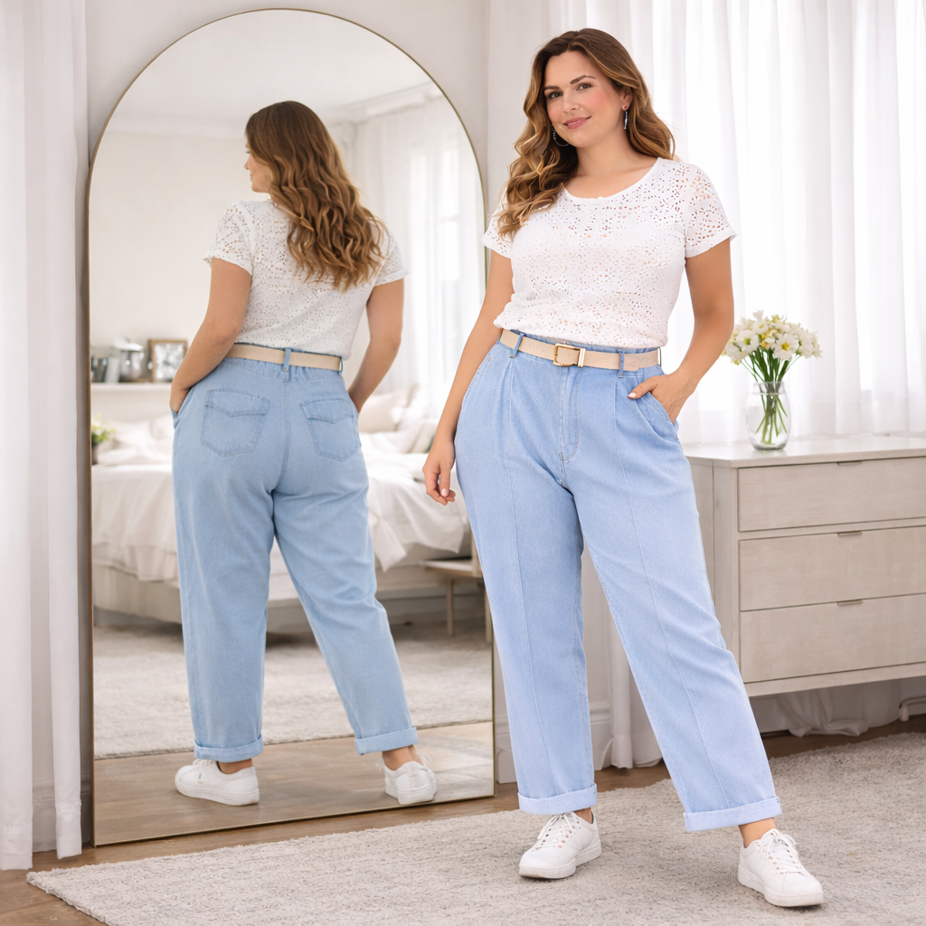 Pantaloni Denim Curvy con piega frontale lungo la gamba