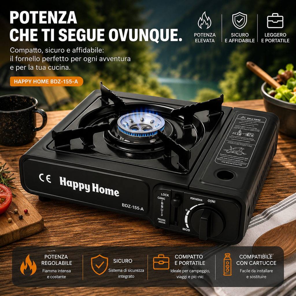 Fornello a Gas Portatile – Compatto, Sicuro e Ideale per Campeggio e Outdoor