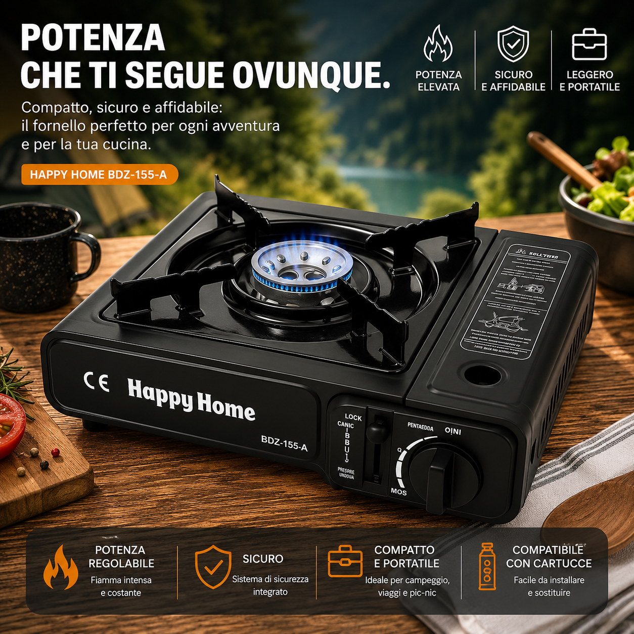Fornello a Gas Portatile – Compatto, Sicuro e Ideale per Campeggio e Outdoor