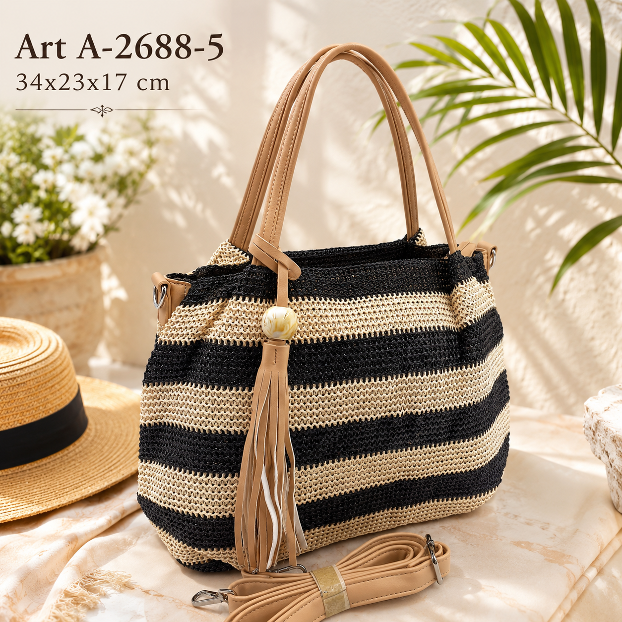 Borsa Donna Intrecciata a Righe Beige e Nera con Tracolla e Nappa