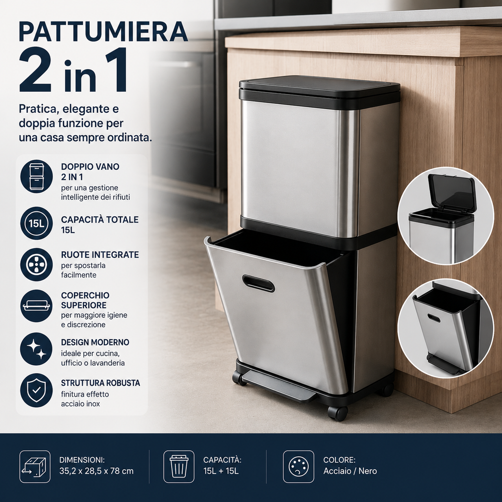 Pattumiera 2 in 1 con Ruote e Coperchio – Design Moderno in Acciaio | 15L