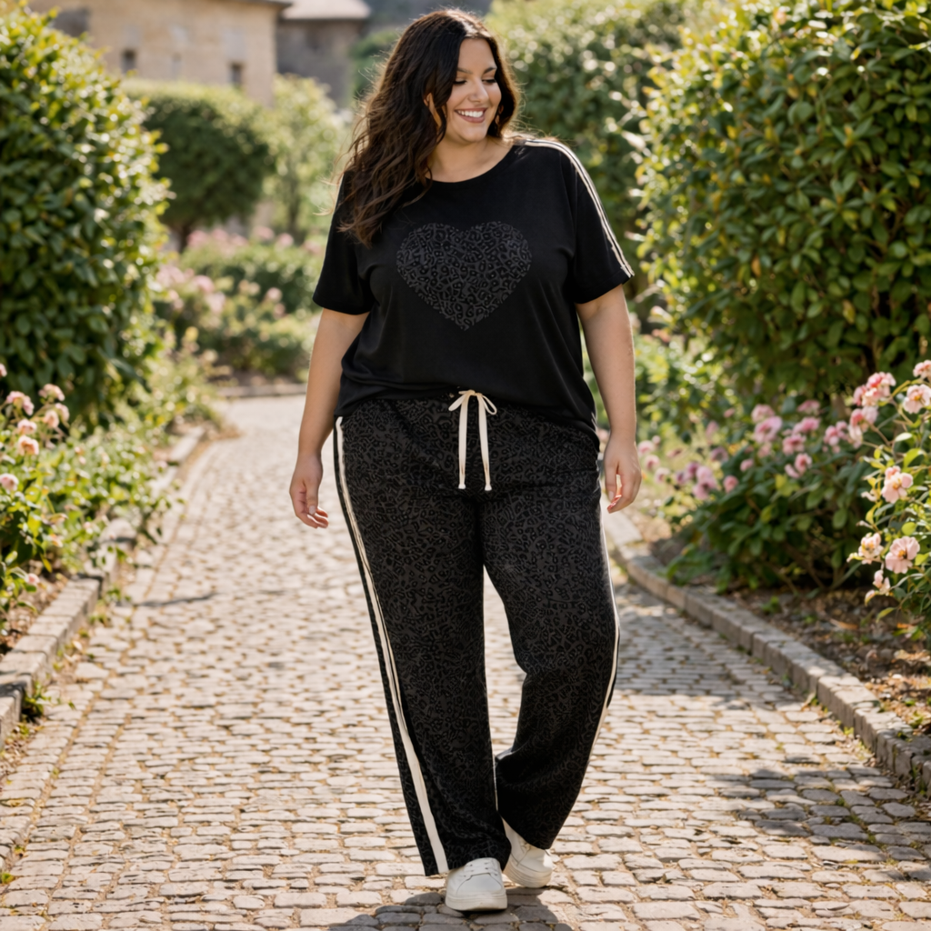 Tuta Due Pezzi Curvy con Cuore Leopardato e Vestibilità Morbida