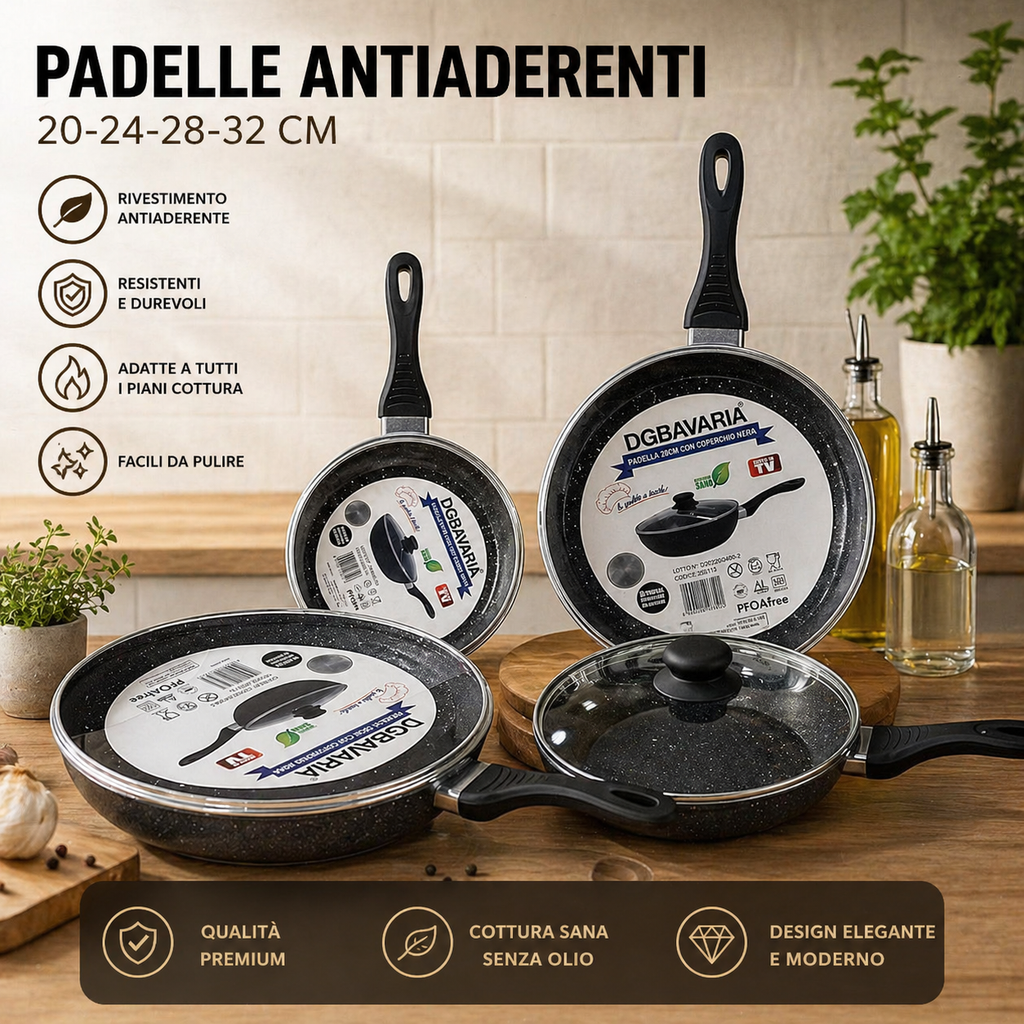 Set Padelle Antiaderenti in Pietra Lavica con Coperchio