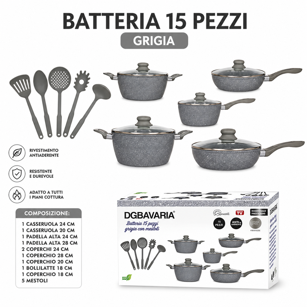 Batteria di Pentole 15 Pezzi Grigia Antiaderente