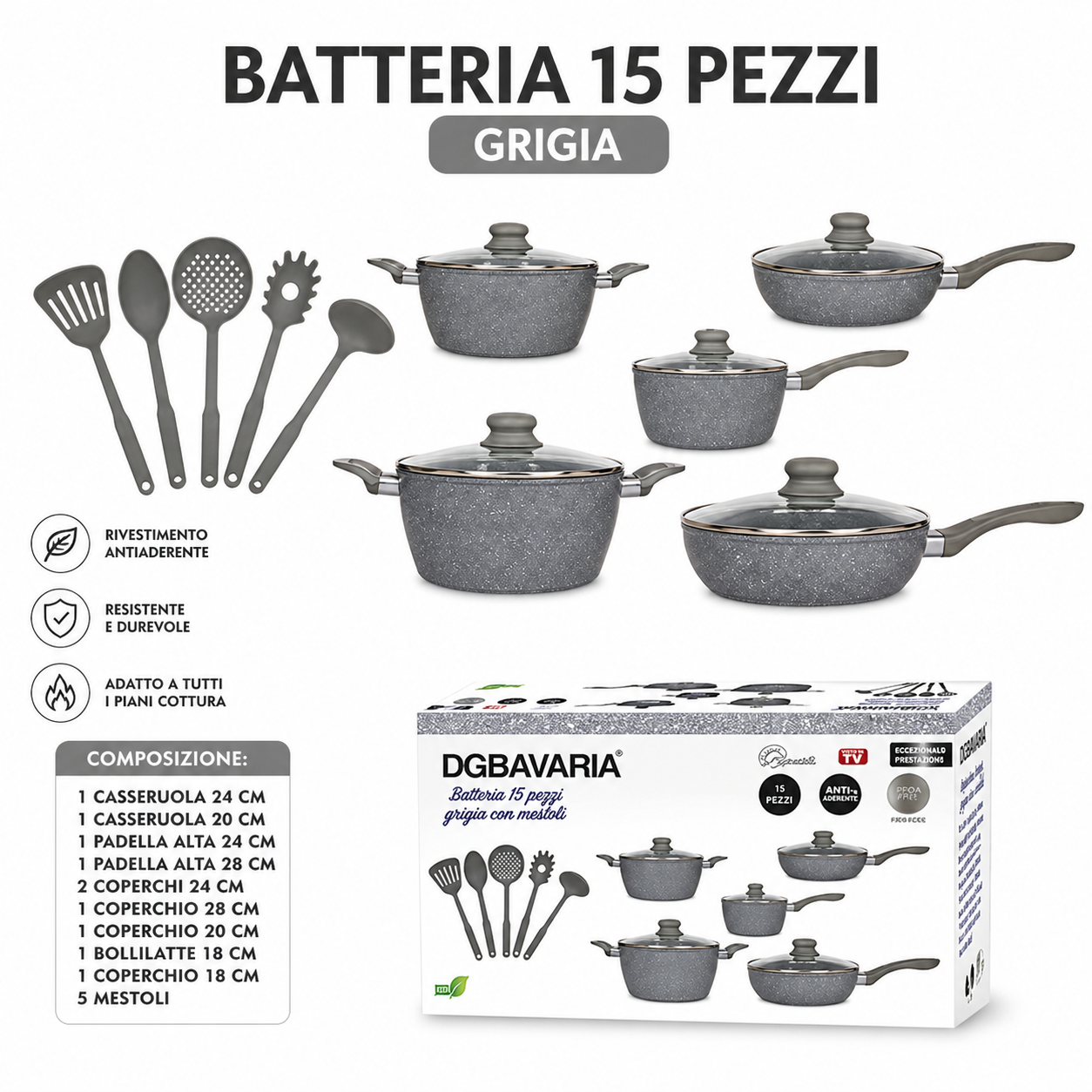 Batteria di Pentole 15 Pezzi Grigia Antiaderente