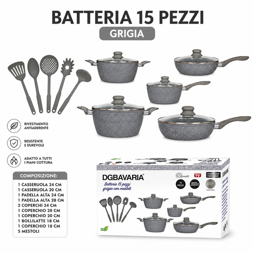 Batteria di Pentole 15 Pezzi Grigia Antiaderente