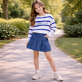 Completo ragazza AMOUR rigato rosso/blu con gonna denim