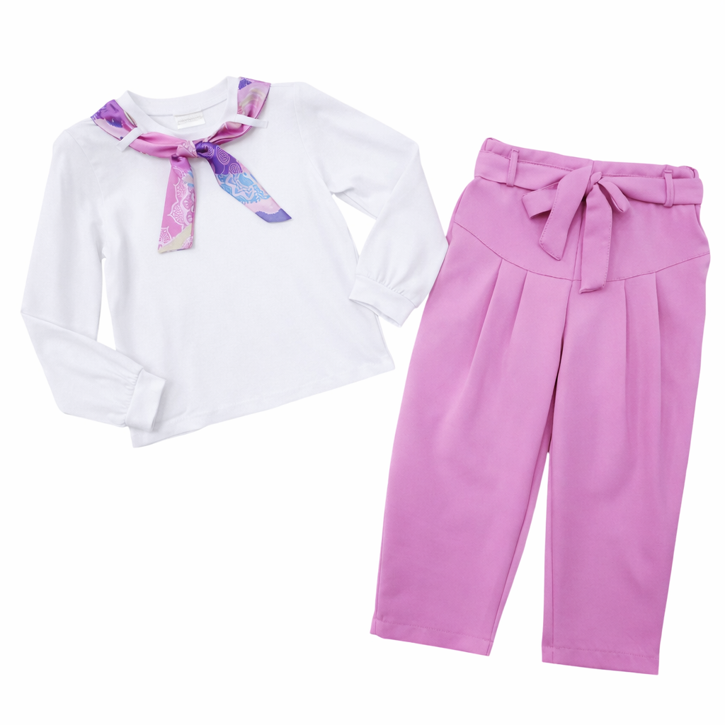 Completo ragazza bianco e rosa con pantalone slim