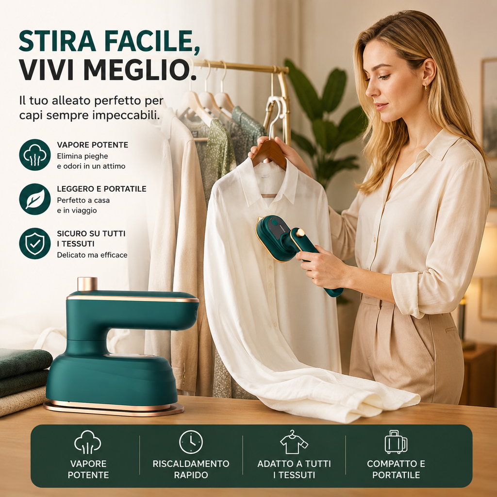 Mini Ferro da Stiro a Vapore Portatile Bianco – Compatto, Leggero e Pronto in Pochi Secondi