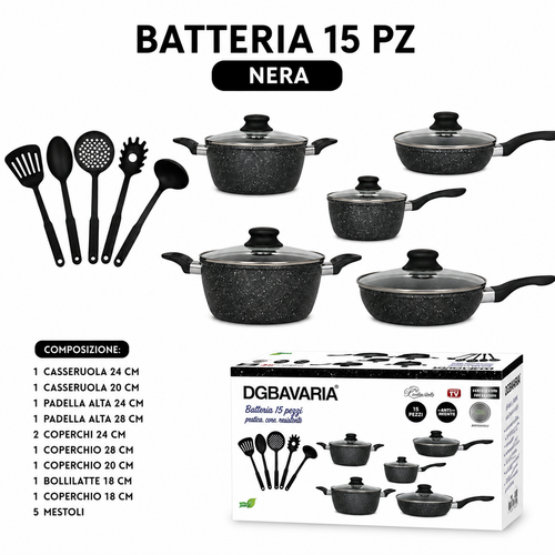 Batteria di Pentole 15 Pezzi Nera Antiaderente