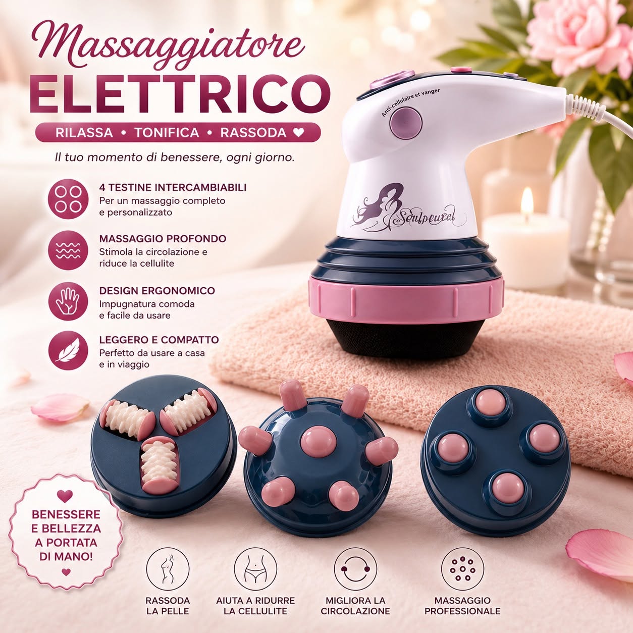 Massaggiatore Elettrico a Infrarossi con 4 Testine Intercambiabili – Anticellulite e Tonificante