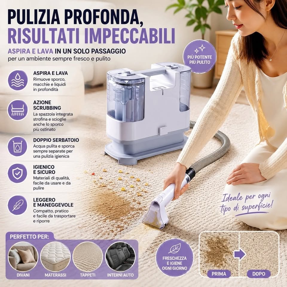 Lava Tappezzeria Portatile 750W – Aspiratore Lavatessuti per Divani, Tappeti e Interni Auto