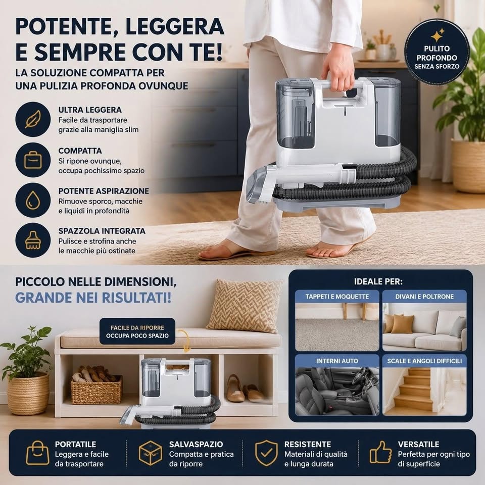 Lava Tappezzeria Portatile 750W – Aspiratore Lavatessuti per Divani, Tappeti e Interni Auto