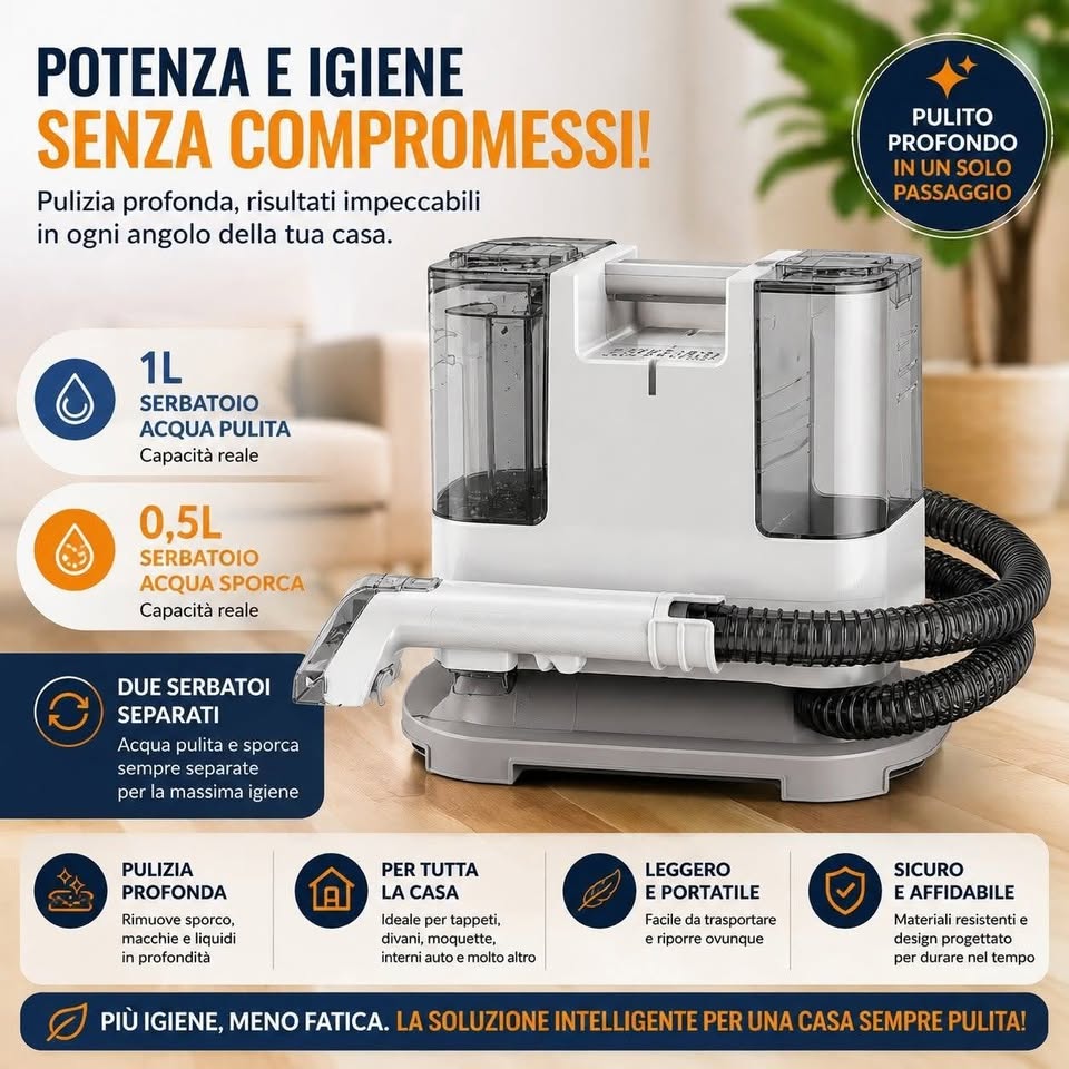 Lava Tappezzeria Portatile 750W – Aspiratore Lavatessuti per Divani, Tappeti e Interni Auto