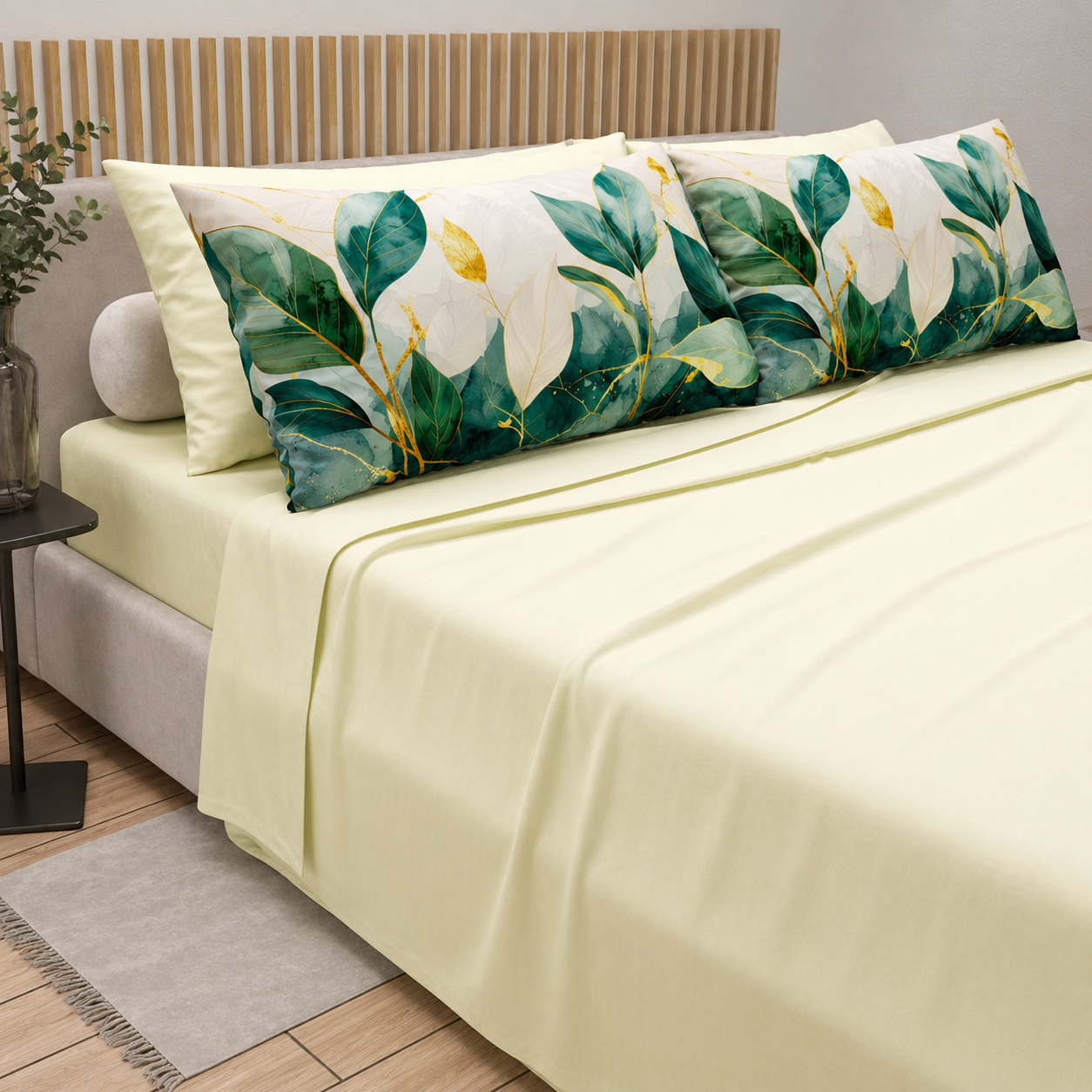 Completo Letto Matrimoniale in Cotone Avorio con Federe Foglie Verde Oro – Diodor