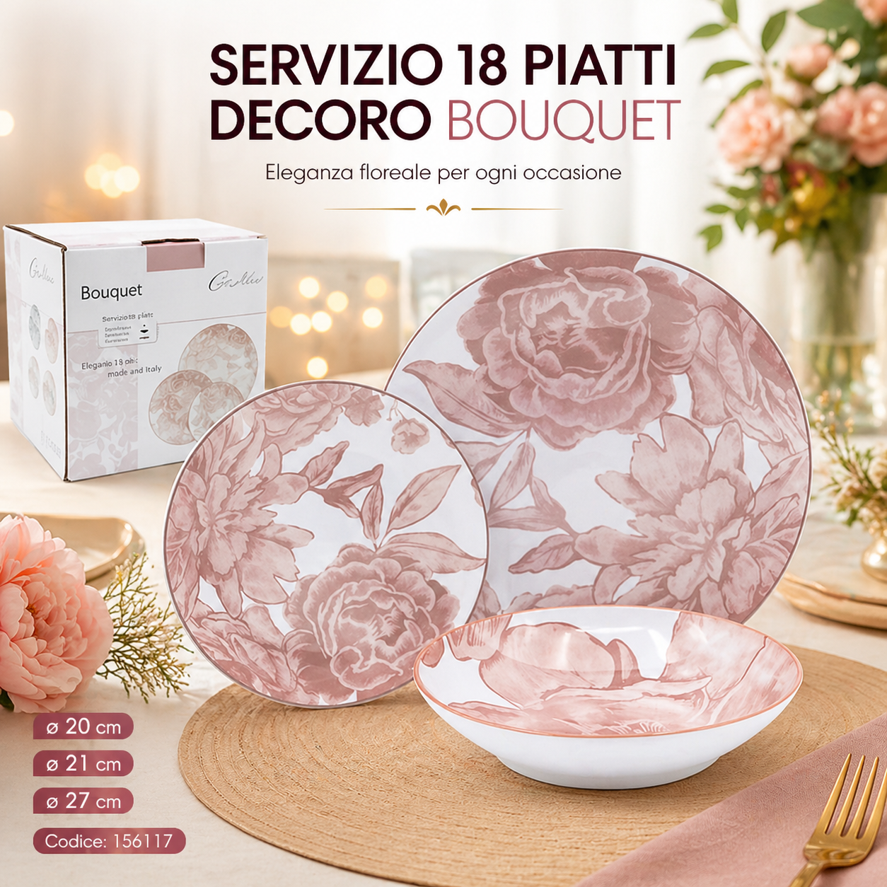 Servizio 18 piatti decoro Bouquet – Eleganza floreale per la tua tavola