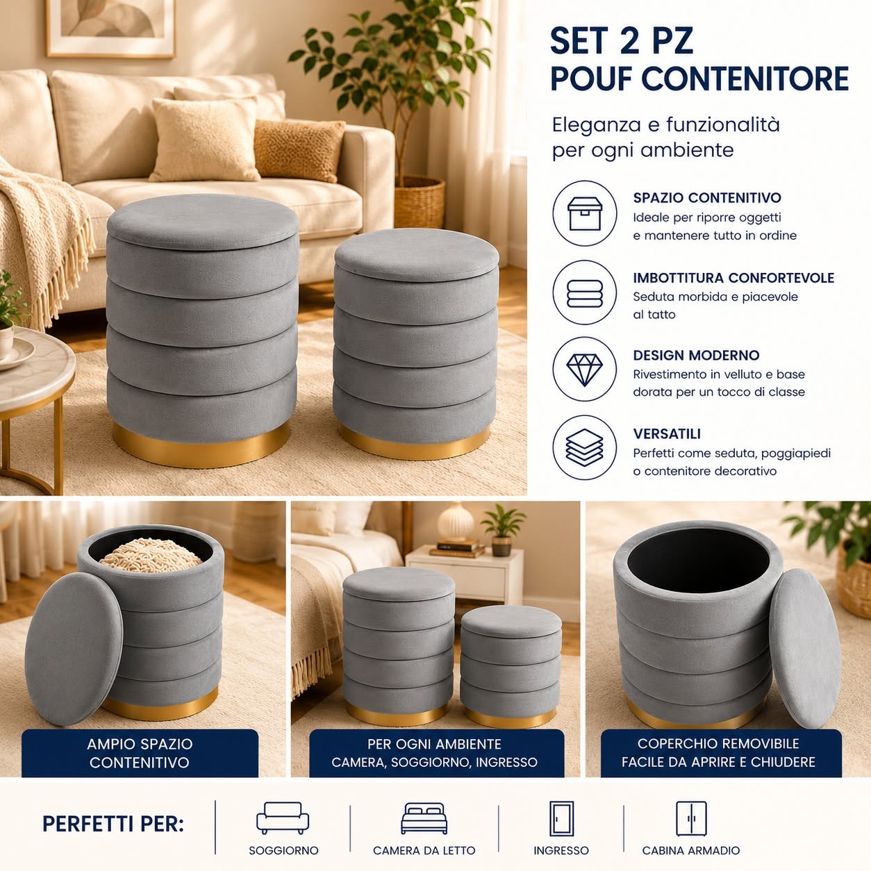 Set 2 Pouf Contenitori in Velluto con Coperchio