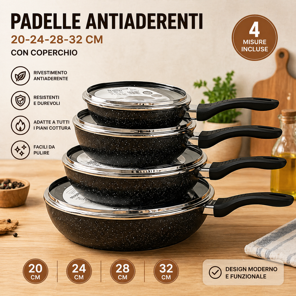 Set Padelle Antiaderenti in Pietra Lavica con Coperchio