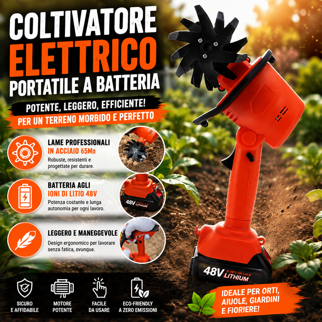 COLTIVATORE ELETTRICO PORTATILE A BATTERIA ALTA POTENZA VELOCITÀ 235RPM MOTOZAPPA GIARDINO