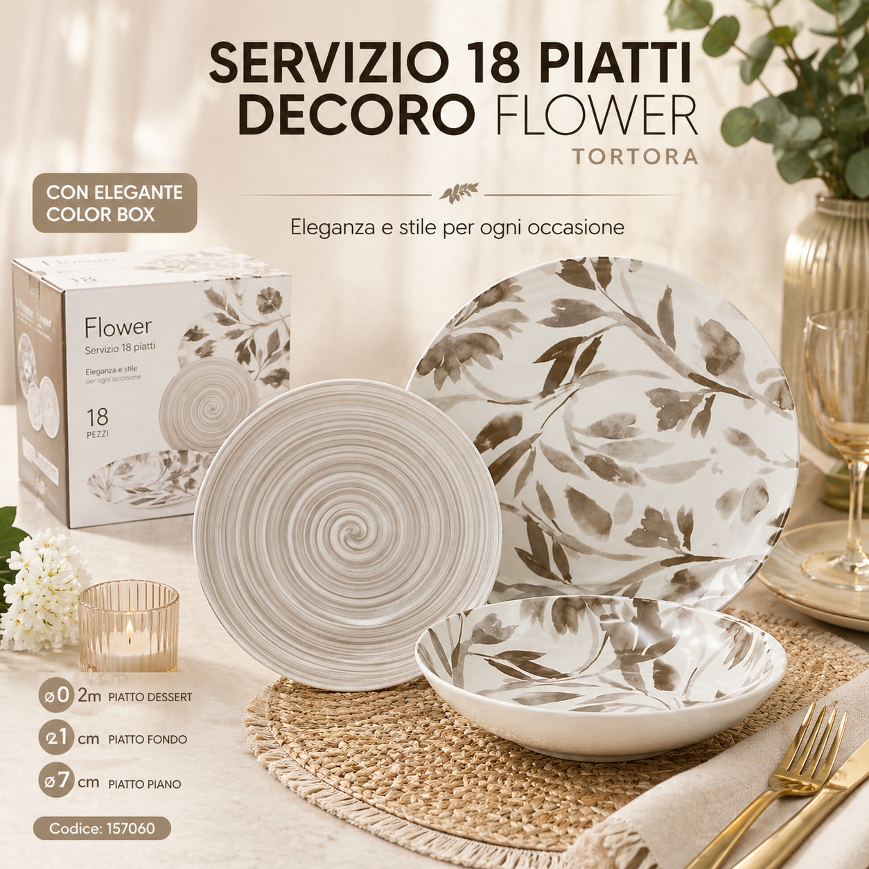 Servizio 18 piatti decoro Flower tortora – Stile naturale ed elegante per la tua tavola