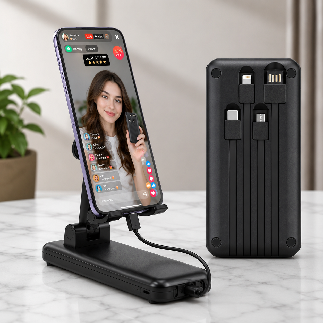 POWER BANK PORTATILE 12000MAH CON SUPPORTO PER SMARTPHONE CAVI RICARICA INTEGRATI Q-DC420
