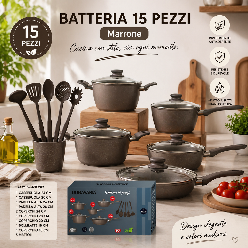 Batteria di Pentole 15 Pezzi Marrone