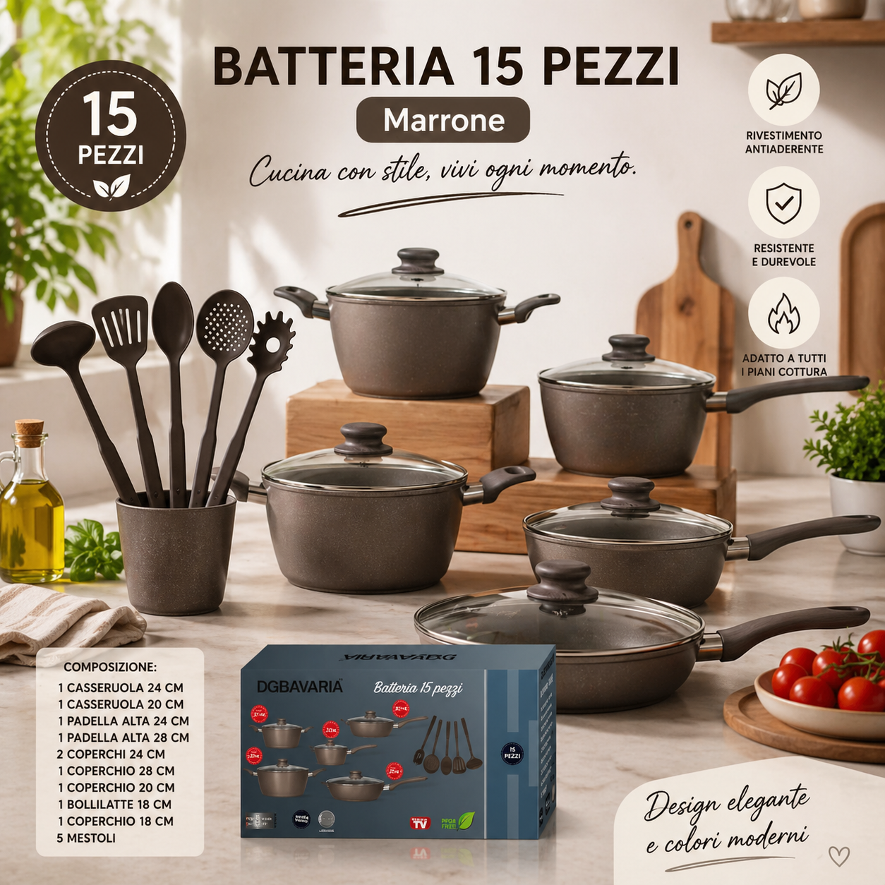 Batteria di Pentole 15 Pezzi Marrone