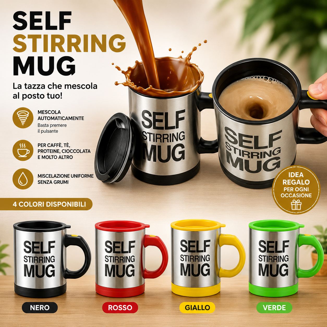AUTOMATIC SELF STIRRING MUG – Tazza Automatica Mescolante in Acciaio Inox e Plastica
