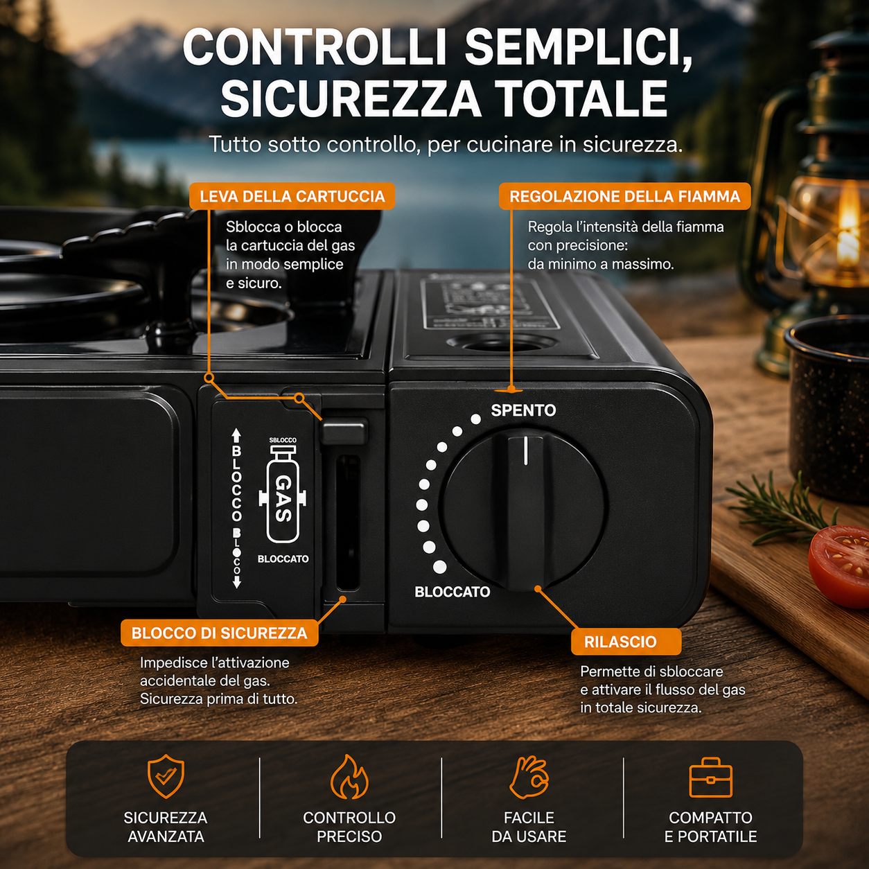 Fornello a Gas Portatile – Compatto, Sicuro e Ideale per Campeggio e Outdoor