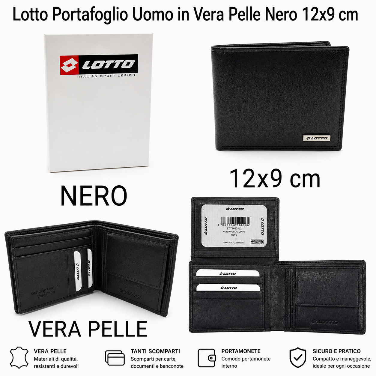 Lotto Portafoglio Uomo in Vera Pelle Nero con Portamonete 12x9 cm