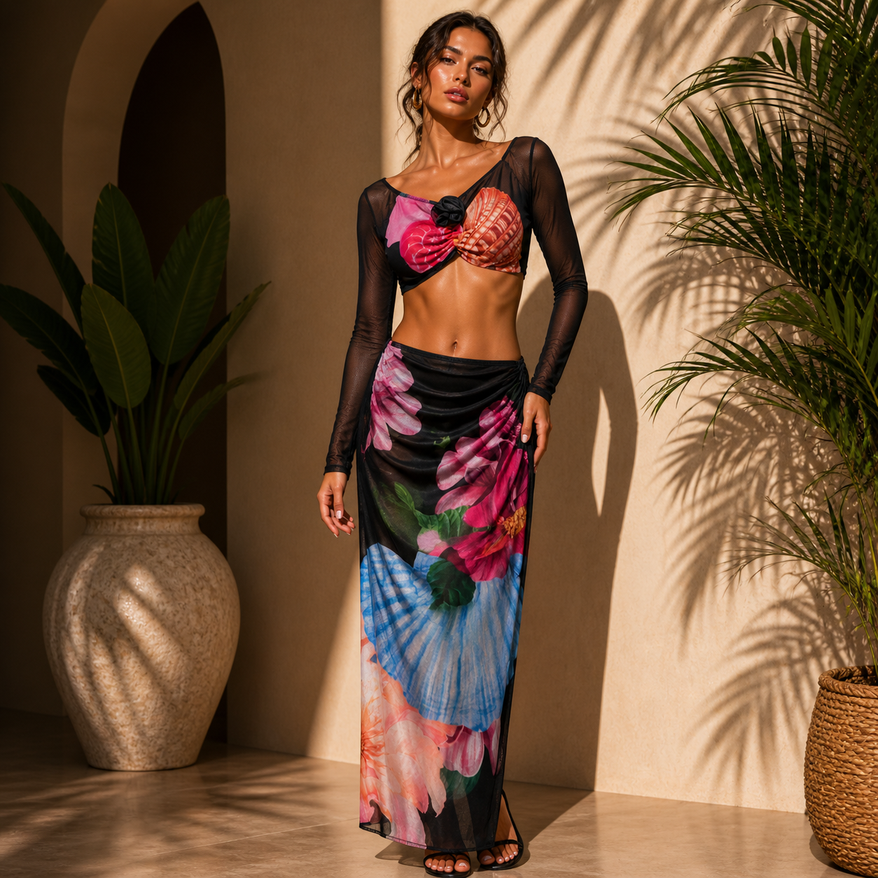Completo Donna Mesh Nero Fantasia Floreale – Top con Rosa e Gonna Drappeggiata