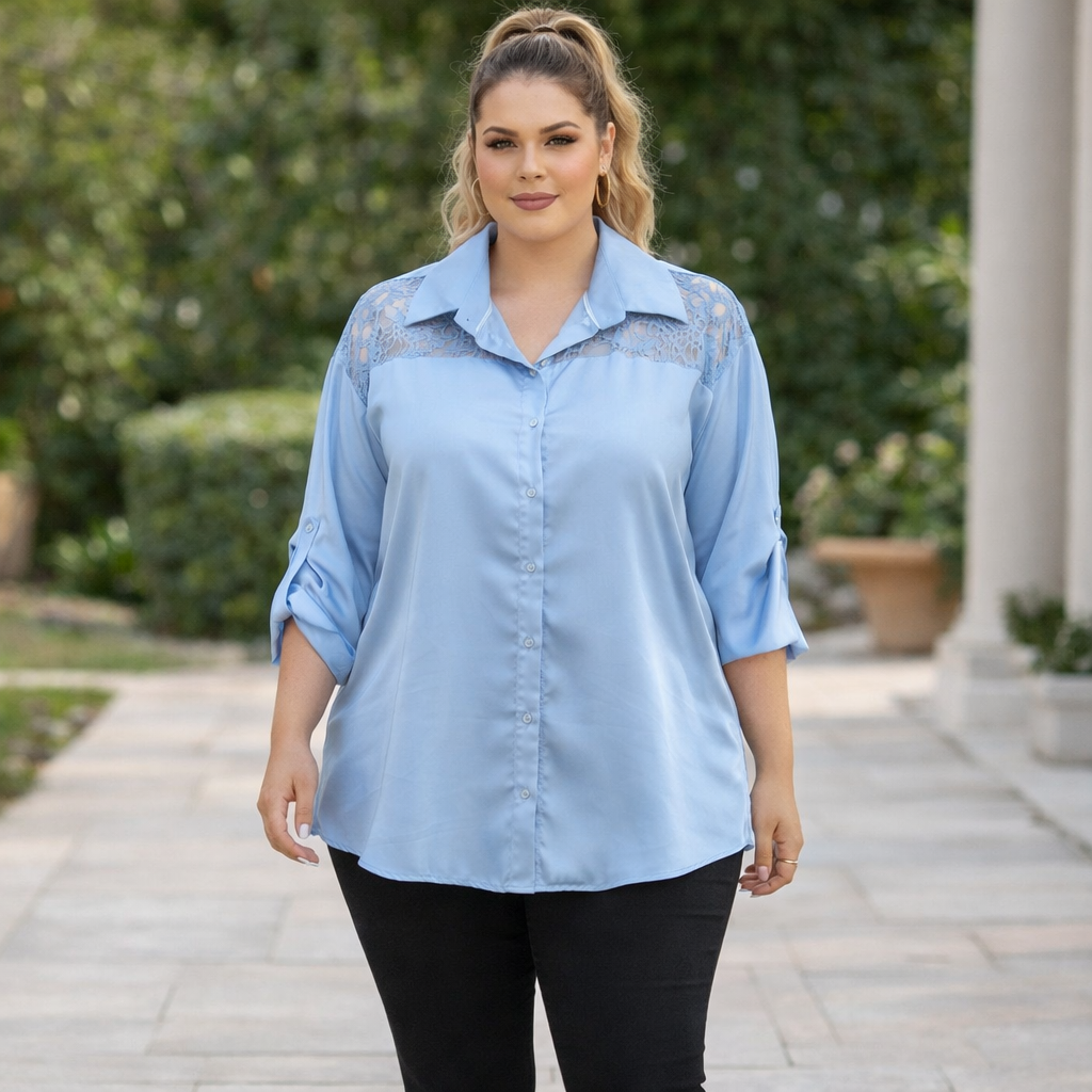 Camicia Curvy in raso con pizzo