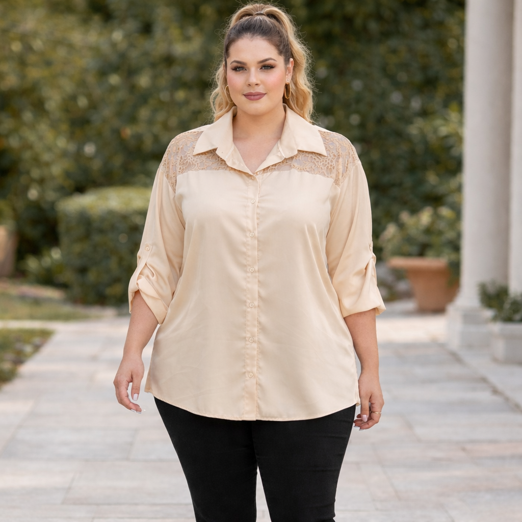Camicia Curvy in raso con pizzo