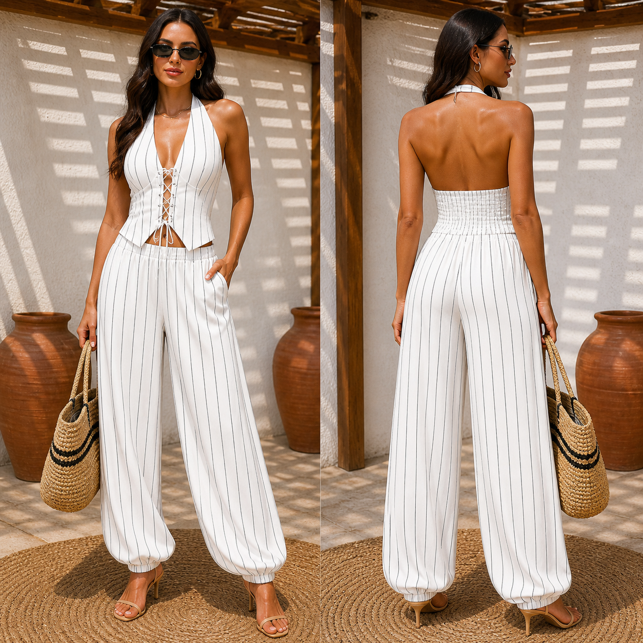 Completo Gessato Chic Halter con Scollatura Profonda