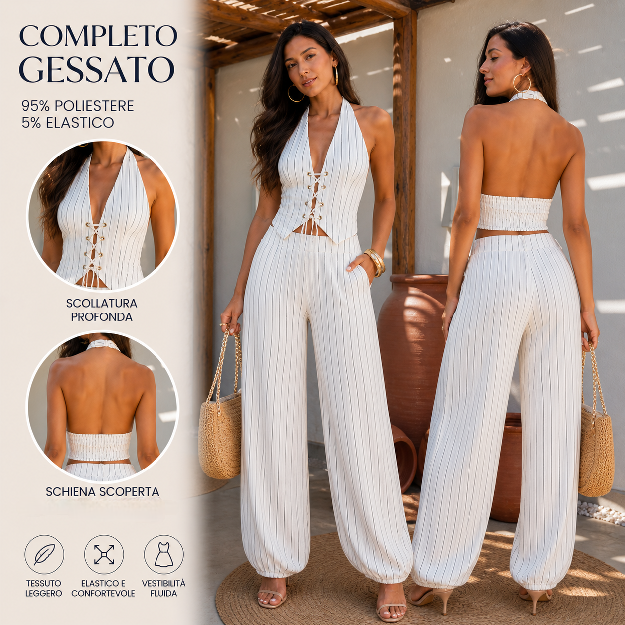 Completo Gessato Chic Halter con Scollatura Profonda